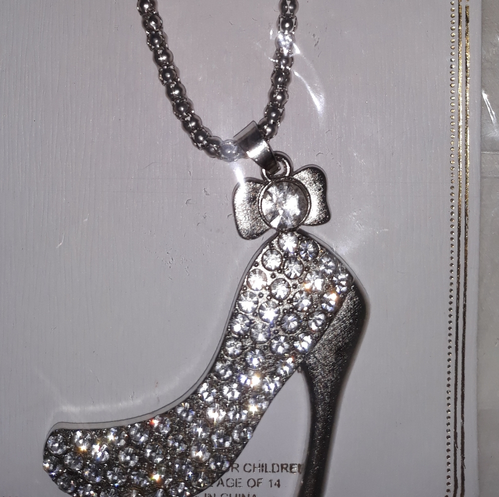 Silver High Heel Shoe Pendant Necklace Rhinestone Crystal Accents20-24"Chain NEW